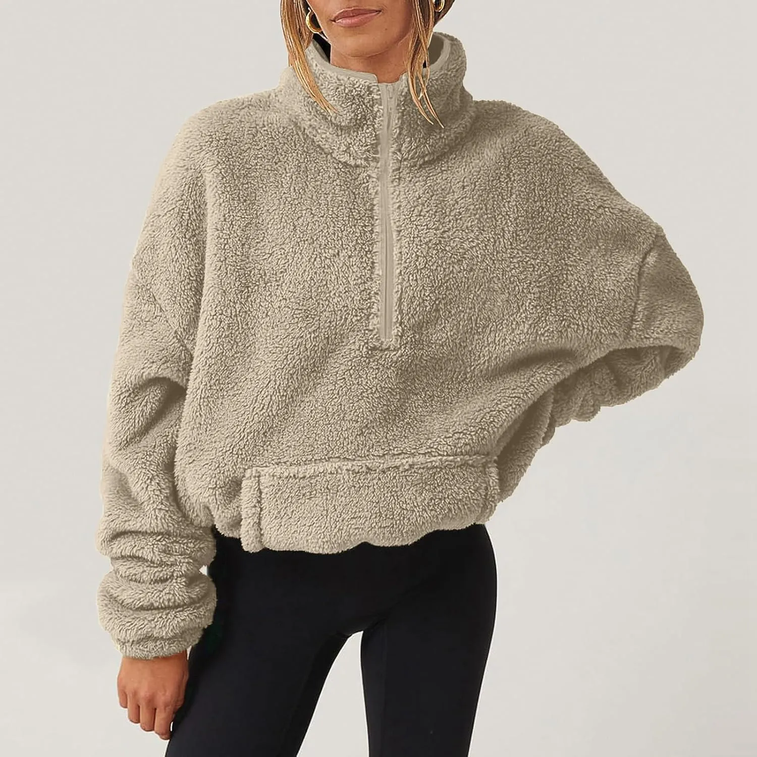 1/4 Zip Sherpa Pullover Womens Fuzzy Fleece Half Zip Pullover Oversized Zip Up Hoodie Quarter Zip Cropped Sweatshirt