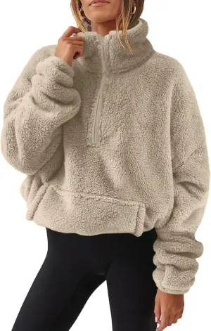 1/4 Zip Sherpa Pullover Womens Fuzzy Fleece Half Zip Pullover Oversized Zip Up Hoodie Quarter Zip Cropped Sweatshirt