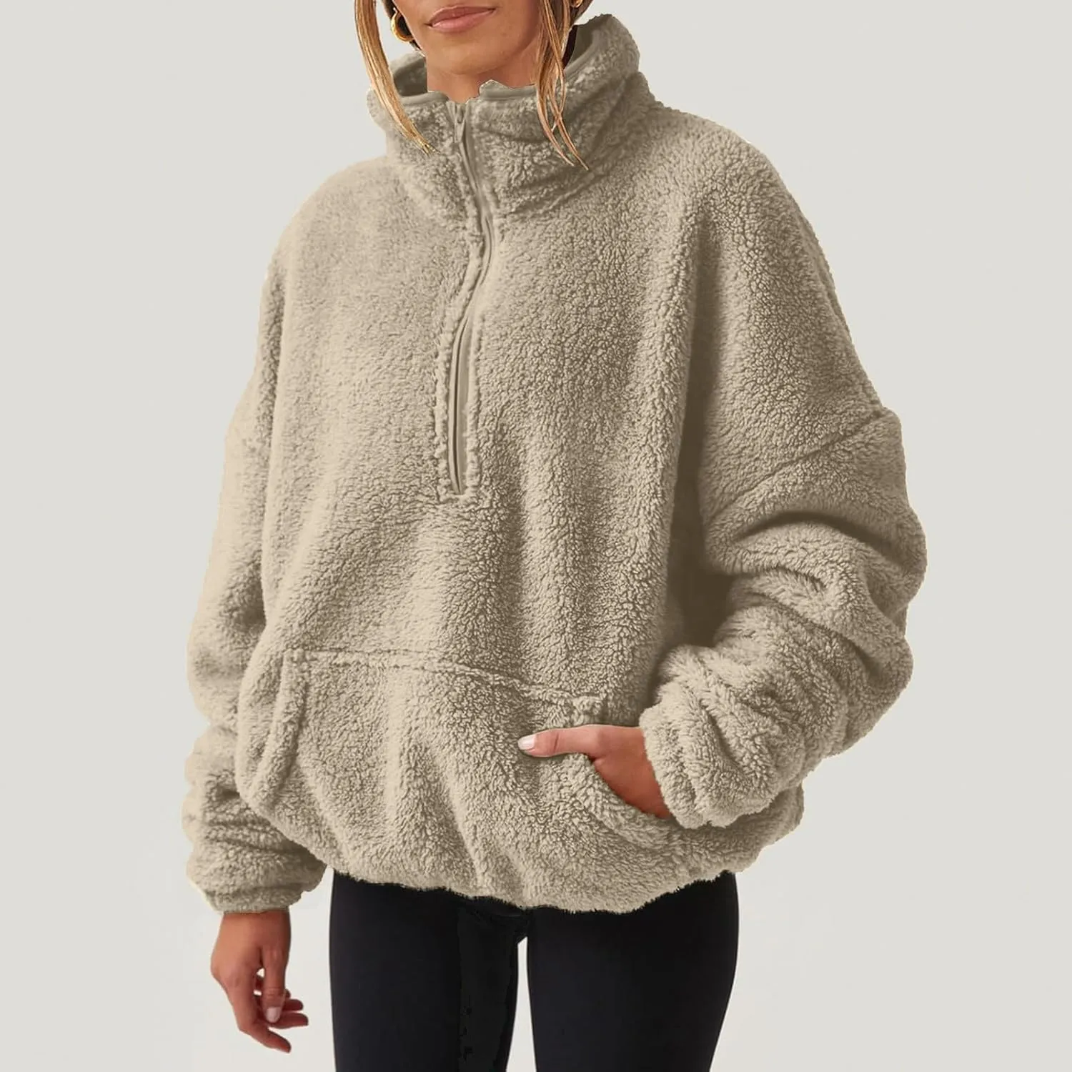 1/4 Zip Sherpa Pullover Womens Fuzzy Fleece Half Zip Pullover Oversized Zip Up Hoodie Quarter Zip Cropped Sweatshirt