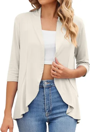 2023 Womens 3/4 Sleeve Cardigans 2023 Casual Lightweight Coat Fall Open Front Cardigan Dusters Trendy Cropped Jacket Tops
