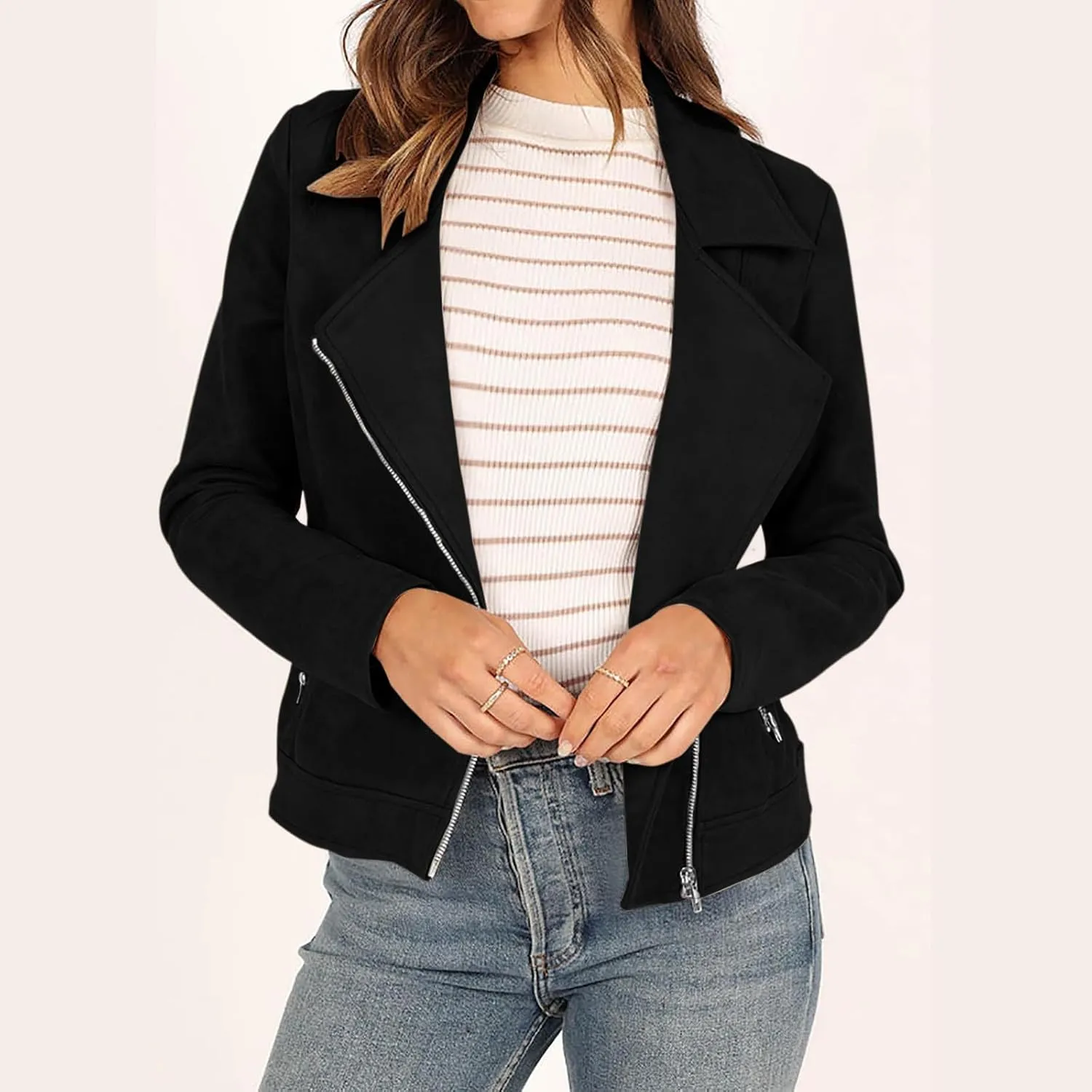 2023 Womens Trendy Coats Fall Biker Moto Jacket Fashion Long Sleeve Zipper Short Casual Coat Streetwear Cropped Outwear