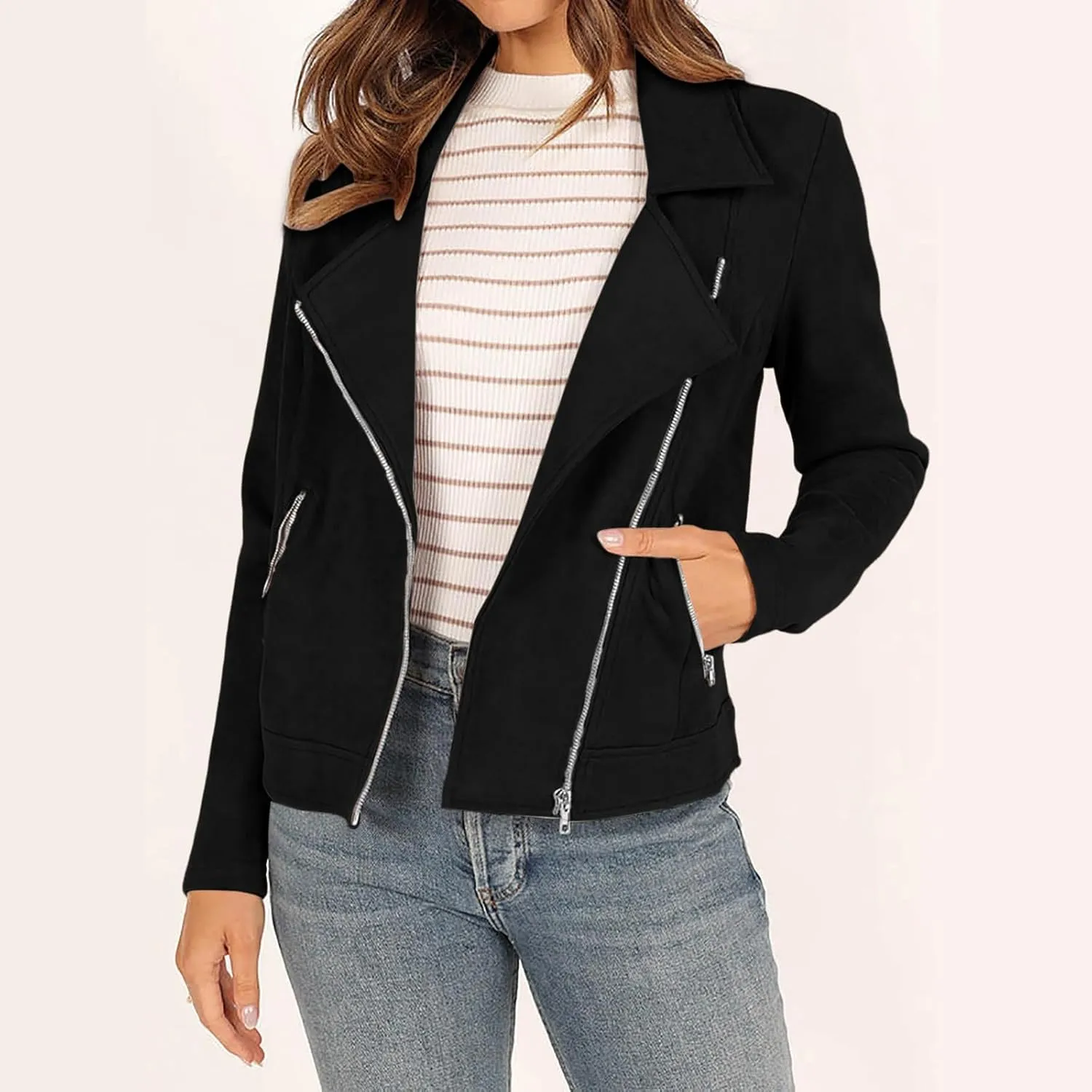 2023 Womens Trendy Coats Fall Biker Moto Jacket Fashion Long Sleeve Zipper Short Casual Coat Streetwear Cropped Outwear