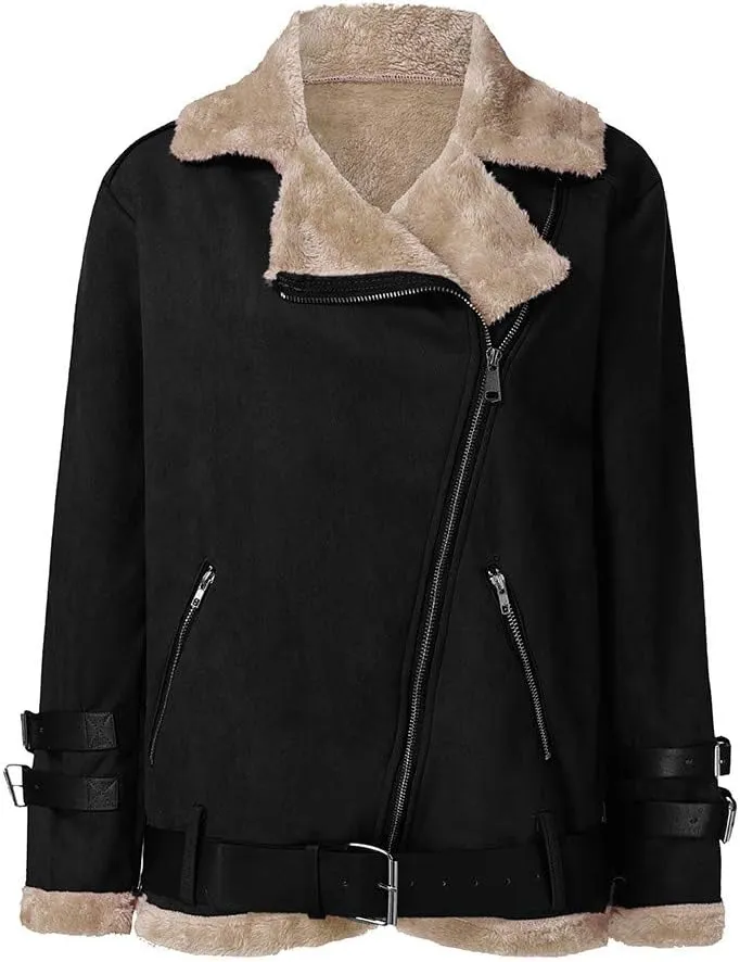2023 Women's Winter Coats Plus Size Fleece Warm Jackets Trendy Cropped Fuzzy Soft Outerwear Stylish Motor Biker Windbreaker