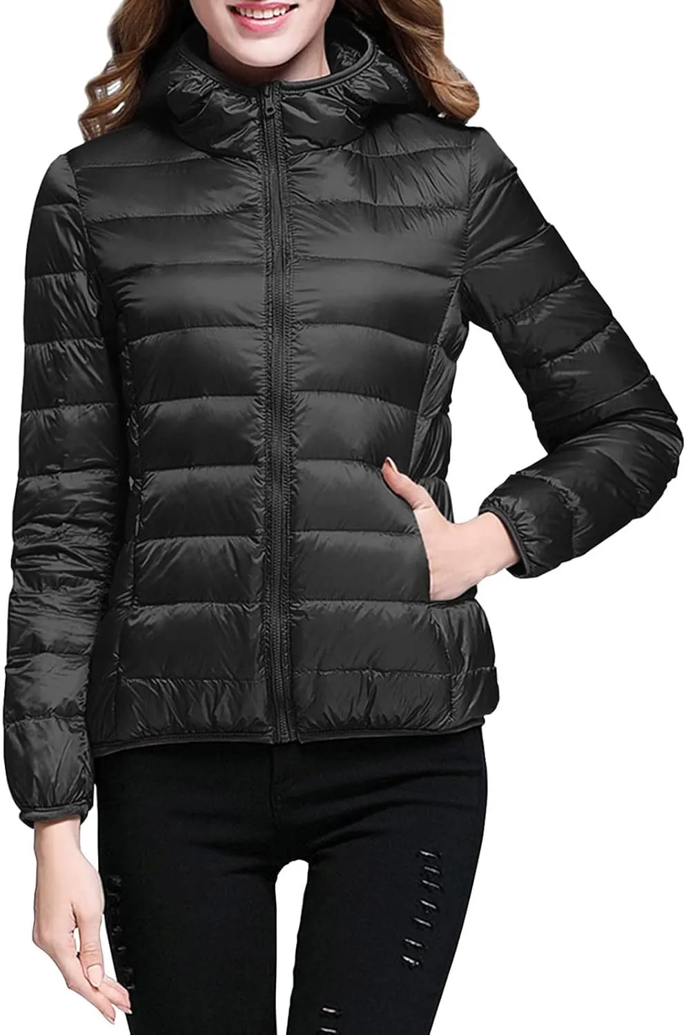 2024 Women's Hooded Packable Puffer Jackets Winter Lightweight Warm Down Coats Trendy Slim Fit Windproof Duck Down Outwear