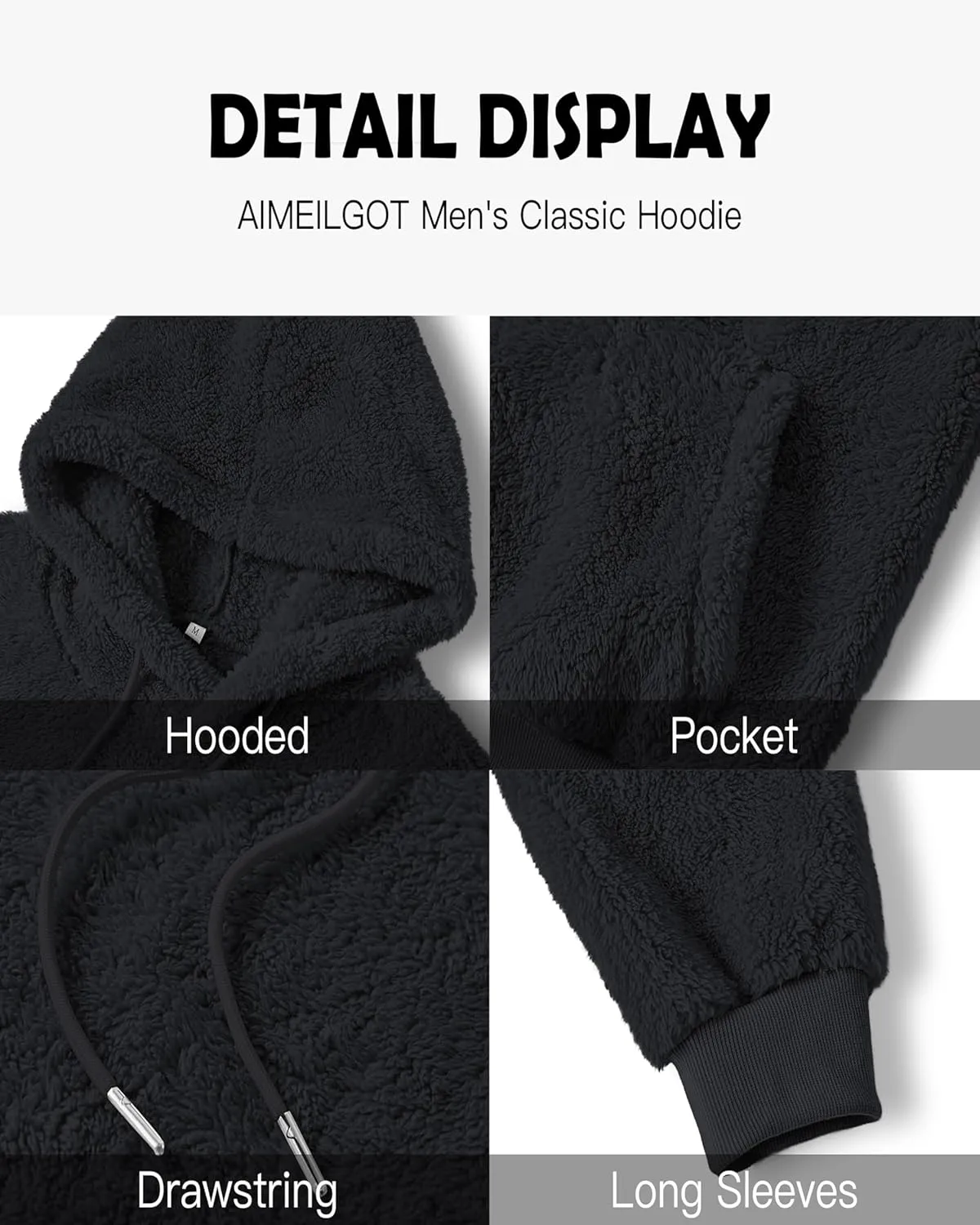Aimeilgot Mens Hoodie Sherpa Fuzzy Soft Casual Sweatshirts Long Sleeve Classic Pullover Drawstring Hooded Outwear with Pocket