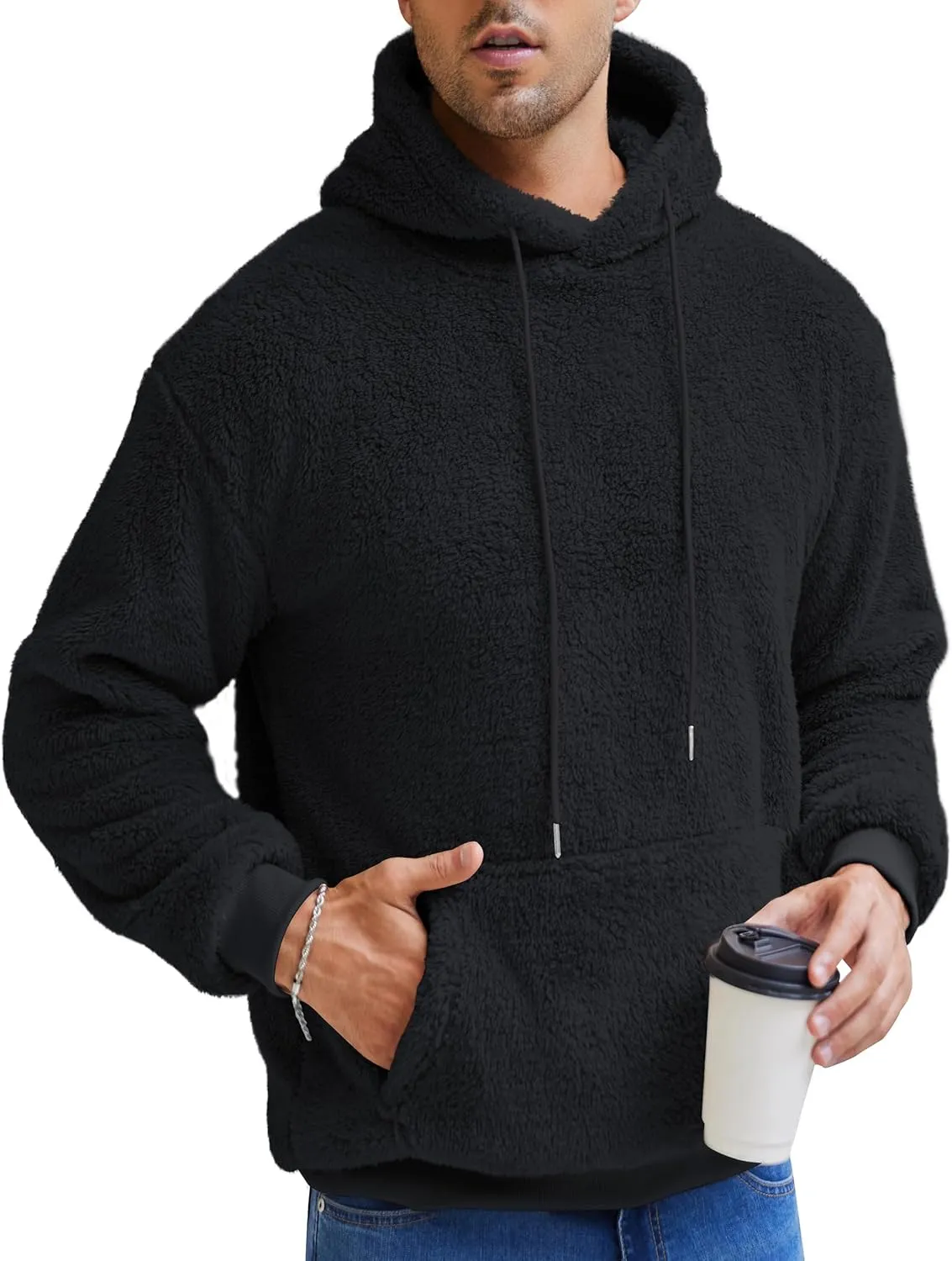 Aimeilgot Mens Hoodie Sherpa Fuzzy Soft Casual Sweatshirts Long Sleeve Classic Pullover Drawstring Hooded Outwear with Pocket