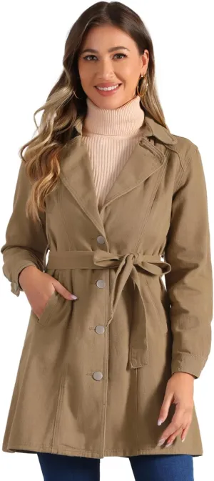 Allegra K Women's Trench Jean Jackets Notched Lapel Midi Denim Jacket