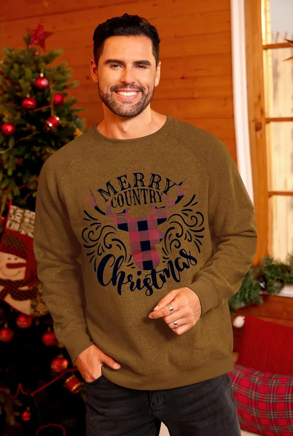 Arvilhill Mens Fleece Christmas Raglan Sweatshirt Retro Classic Funny Graphic Pullover (S-XXL)