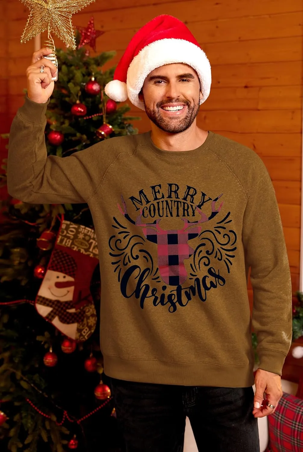 Arvilhill Mens Fleece Christmas Raglan Sweatshirt Retro Classic Funny Graphic Pullover (S-XXL)