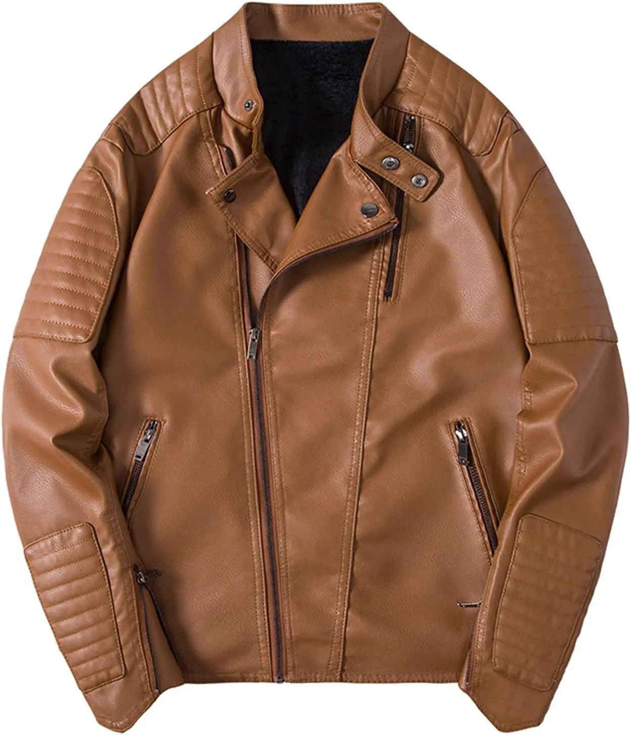 Black Leather Jacket Men Slim Fit Cropped Faux Fur Motorcycle Jacket Vintage Racer Biker Jacket with Pockets