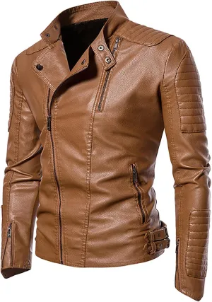 Black Leather Jacket Men Slim Fit Cropped Faux Fur Motorcycle Jacket Vintage Racer Biker Jacket with Pockets