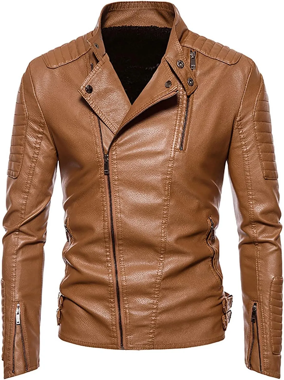 Black Leather Jacket Men Slim Fit Cropped Faux Fur Motorcycle Jacket Vintage Racer Biker Jacket with Pockets