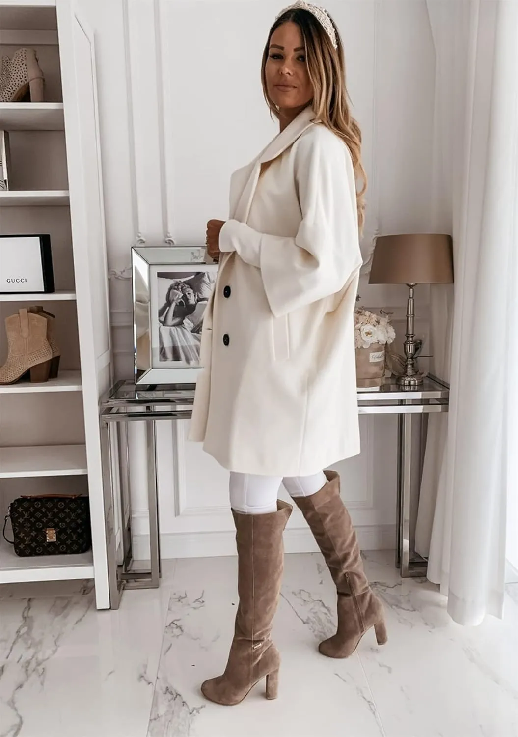 BOFETA Women's Winter Notched Lapel Double Breasted Coat 3/4 Sleeve Solid Color Trench Pea Coat with Pockets