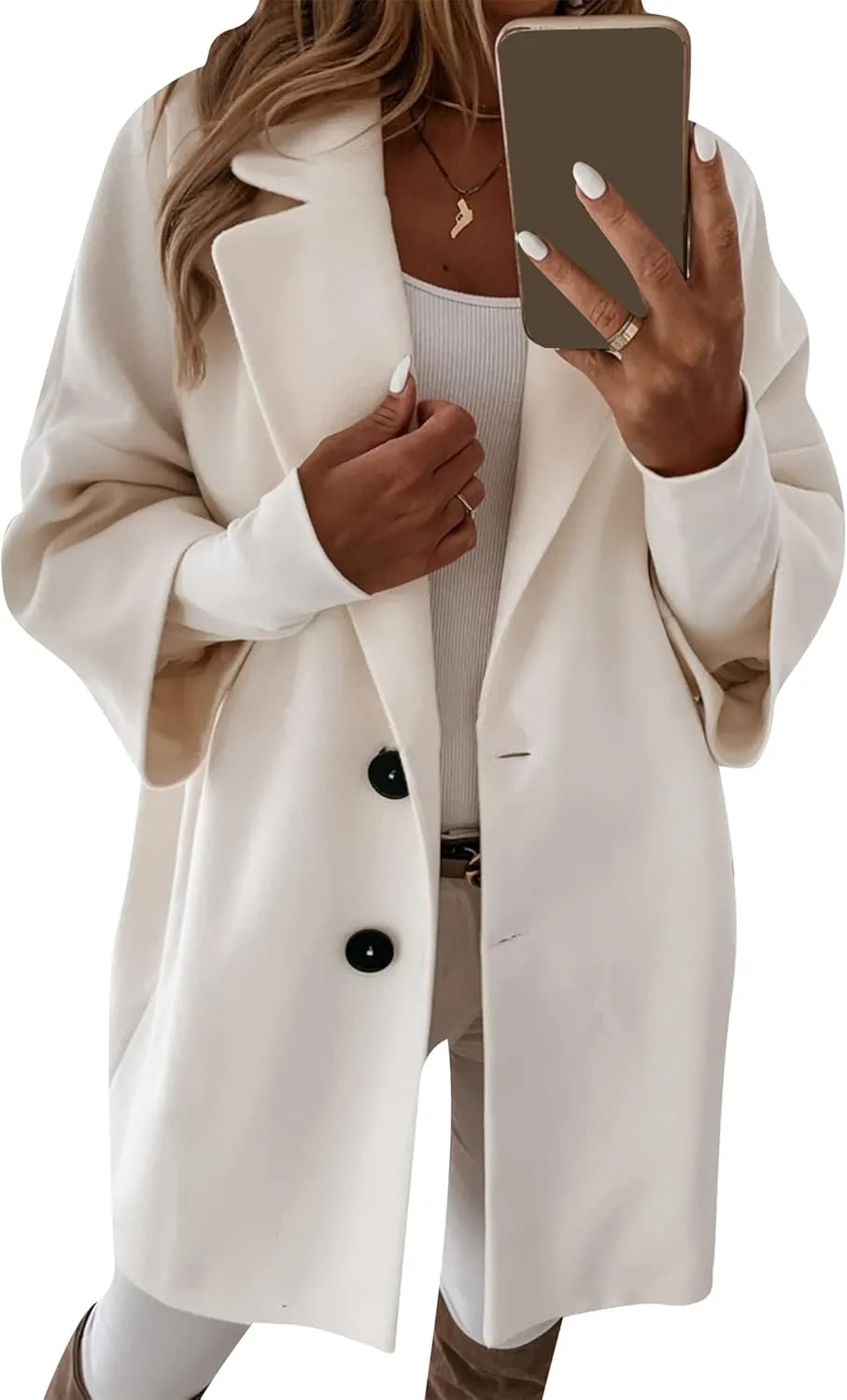 BOFETA Women's Winter Notched Lapel Double Breasted Coat 3/4 Sleeve Solid Color Trench Pea Coat with Pockets