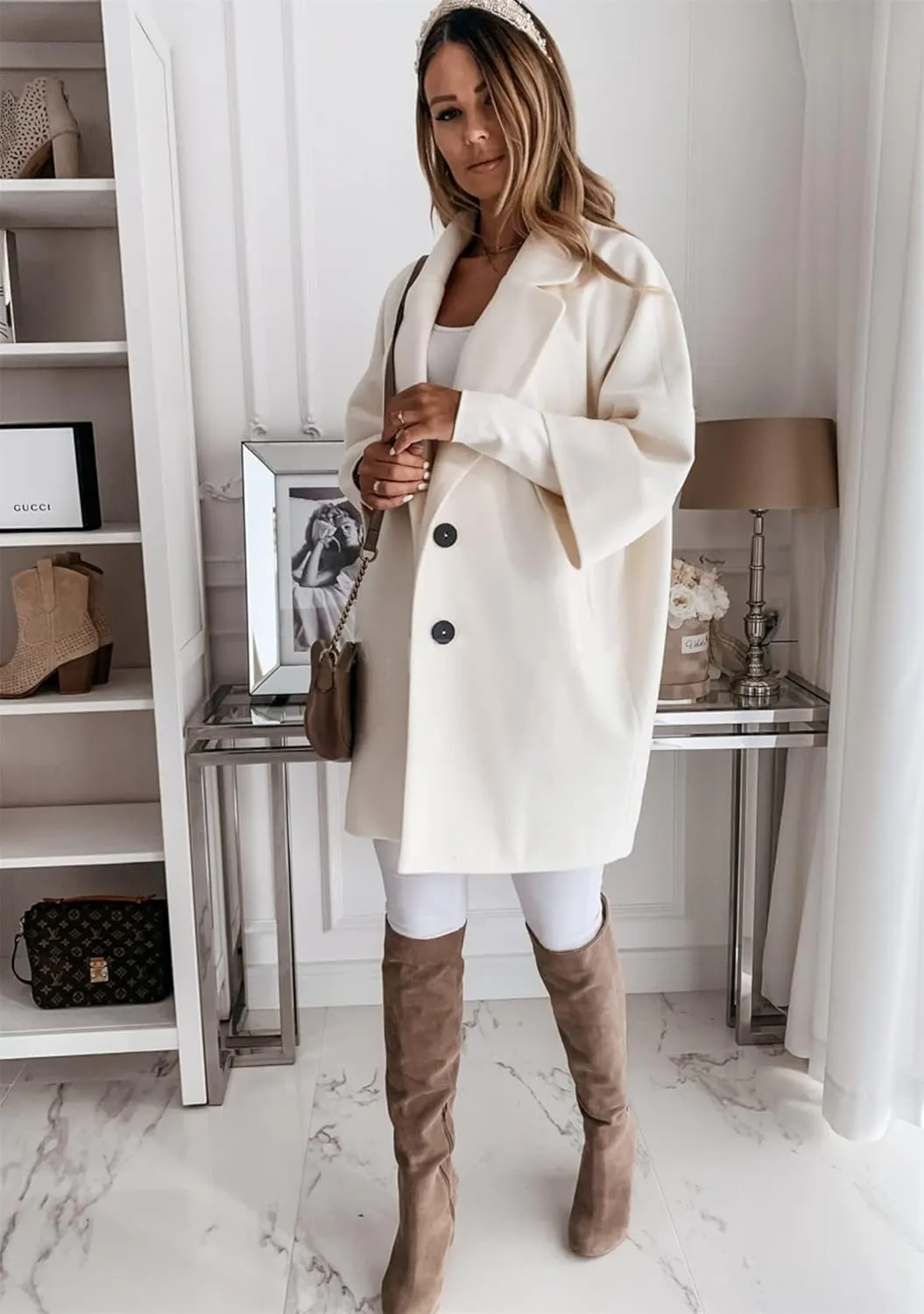 BOFETA Women's Winter Notched Lapel Double Breasted Coat 3/4 Sleeve Solid Color Trench Pea Coat with Pockets