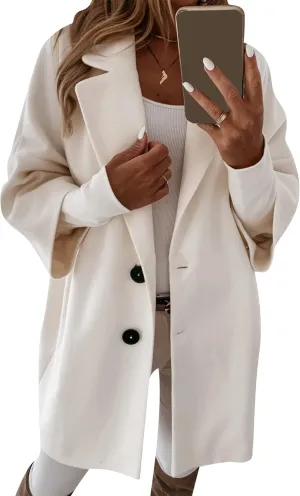 BOFETA Women's Winter Notched Lapel Double Breasted Coat 3/4 Sleeve Solid Color Trench Pea Coat with Pockets