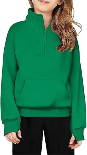 Boys Girls Sweatshirts Half Zip Pullover Fleece Cropped Fall Loose Outfits Long Sleeve Thumb Hole Shirts Kids