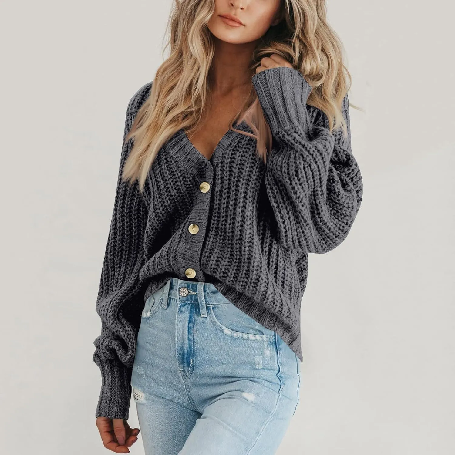 Cable Knit Cardigan Sweaters for Women Lightweight Button V Neck Open Front Cardigans Baggy Vintage Sweater Jacket