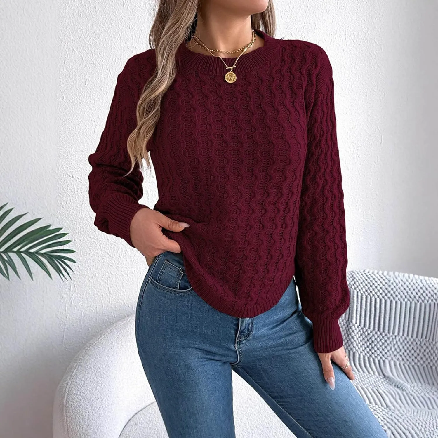 Cable Knit Sweater for Womens Lightweight Soft Solid Pullover Tops Ladies Classic Business Casual Trendy Sweaters