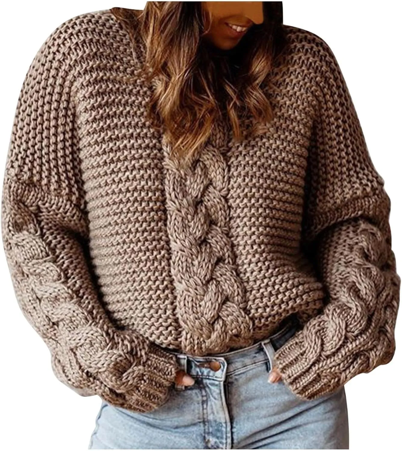 Cable Knit Sweater Women Cozy Plus Size Chunky Pullover Sweaters Ladies Soft Long Sleeve Knitted Winter Sweater