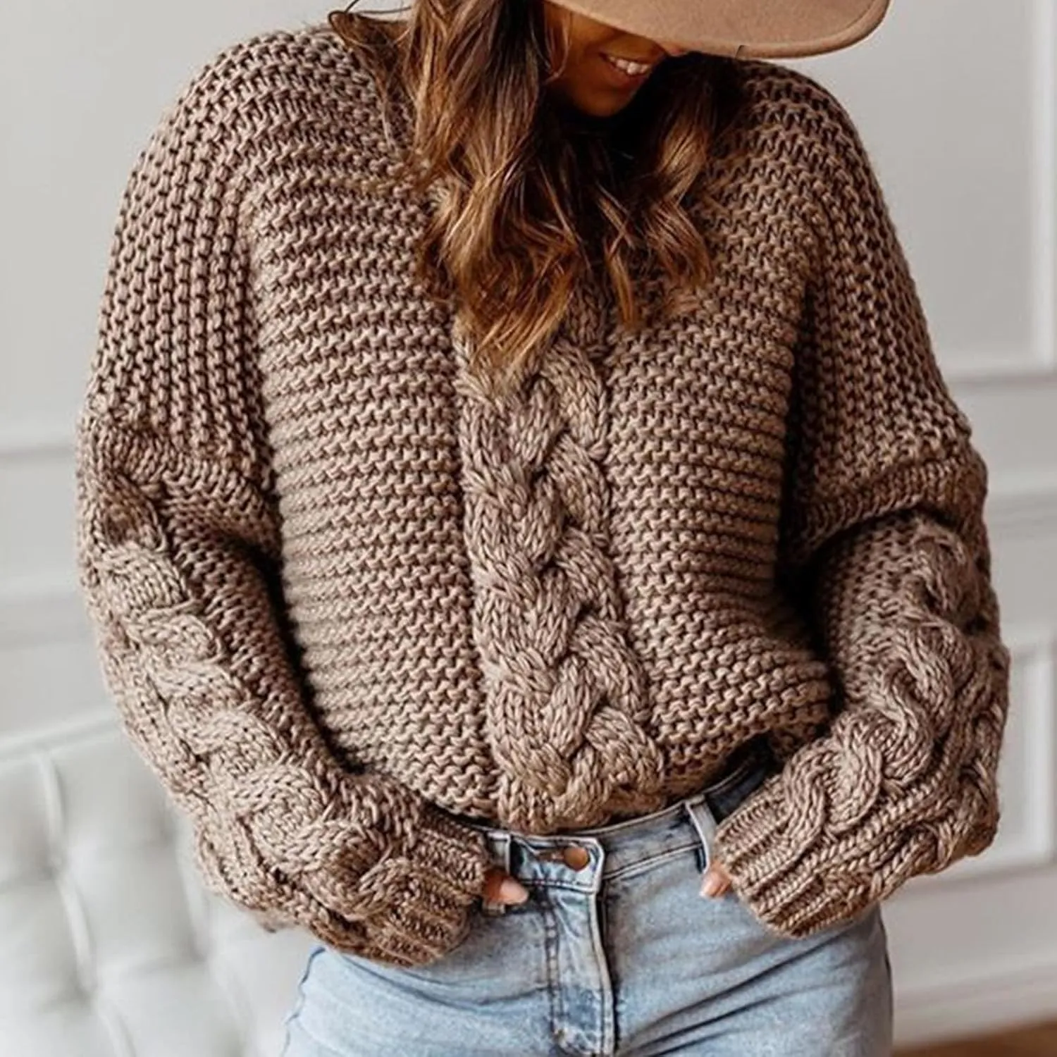 Cable Knit Sweater Women Cozy Plus Size Chunky Pullover Sweaters Ladies Soft Long Sleeve Knitted Winter Sweater