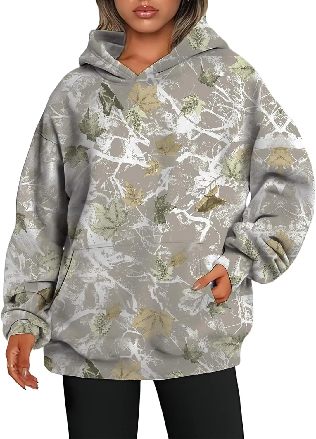 Camo Sweatshirt for Women Maple Leaf Print Hoodie Casual Pullover Shirts Loose Tunic Tops with Pockets Fall Clothes