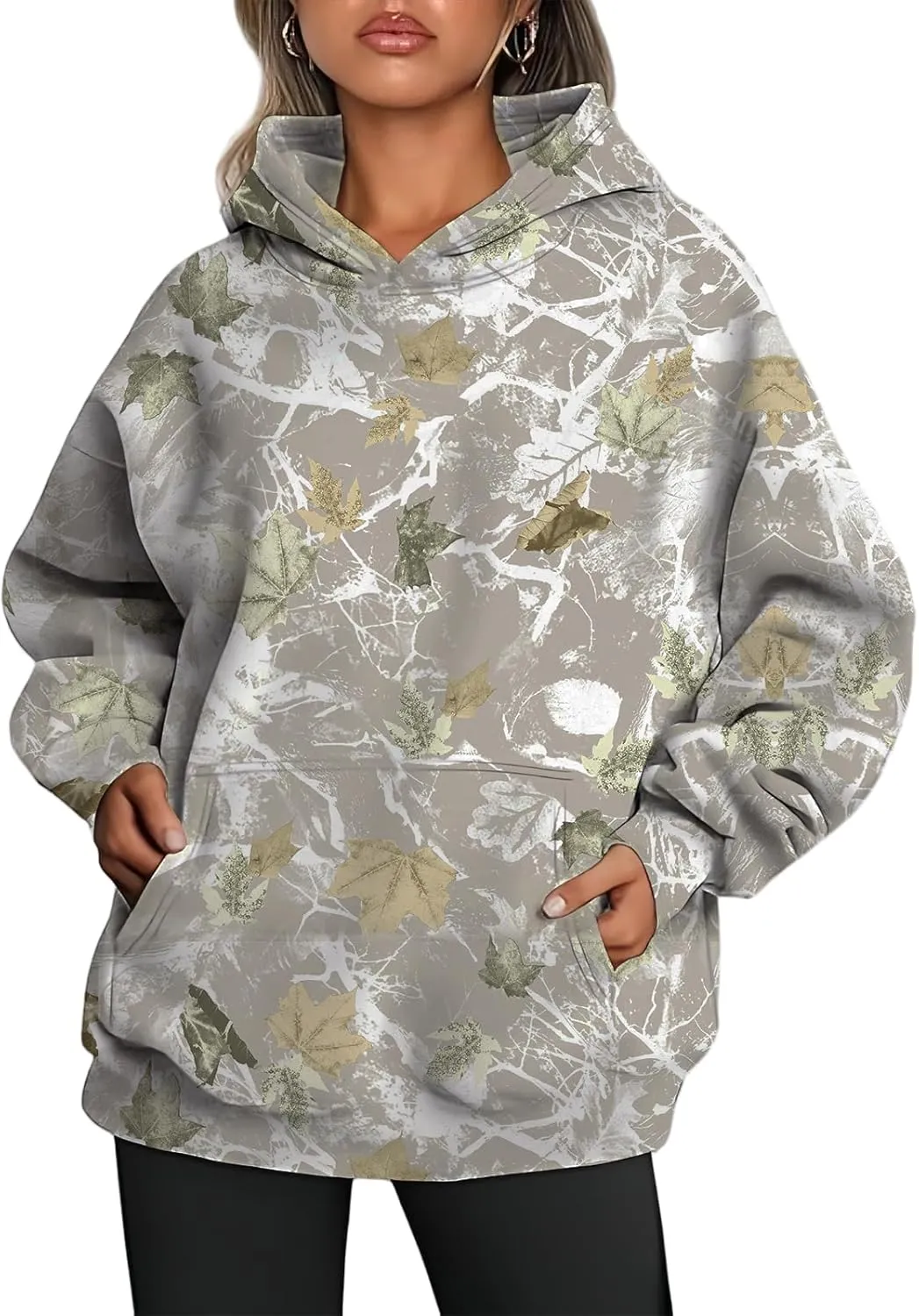 Camo Sweatshirt for Women Maple Leaf Print Hoodie Casual Pullover Shirts Loose Tunic Tops with Pockets Fall Clothes