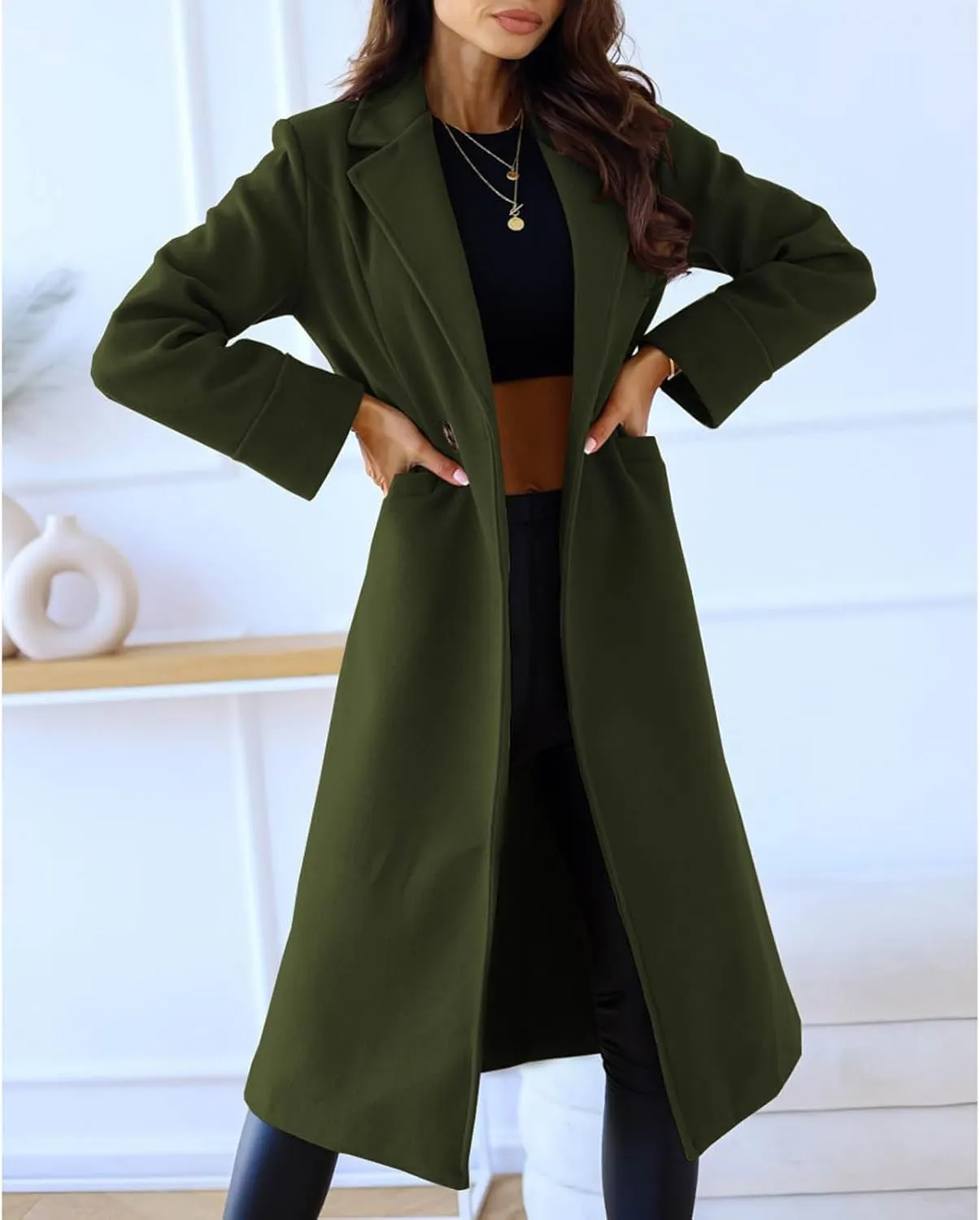 Canbebig 2023 Women Winter Wool Blend Coat Notched Collar Mid Long Pea Trench Coat Dress Coats Business Overcoat with Pockets