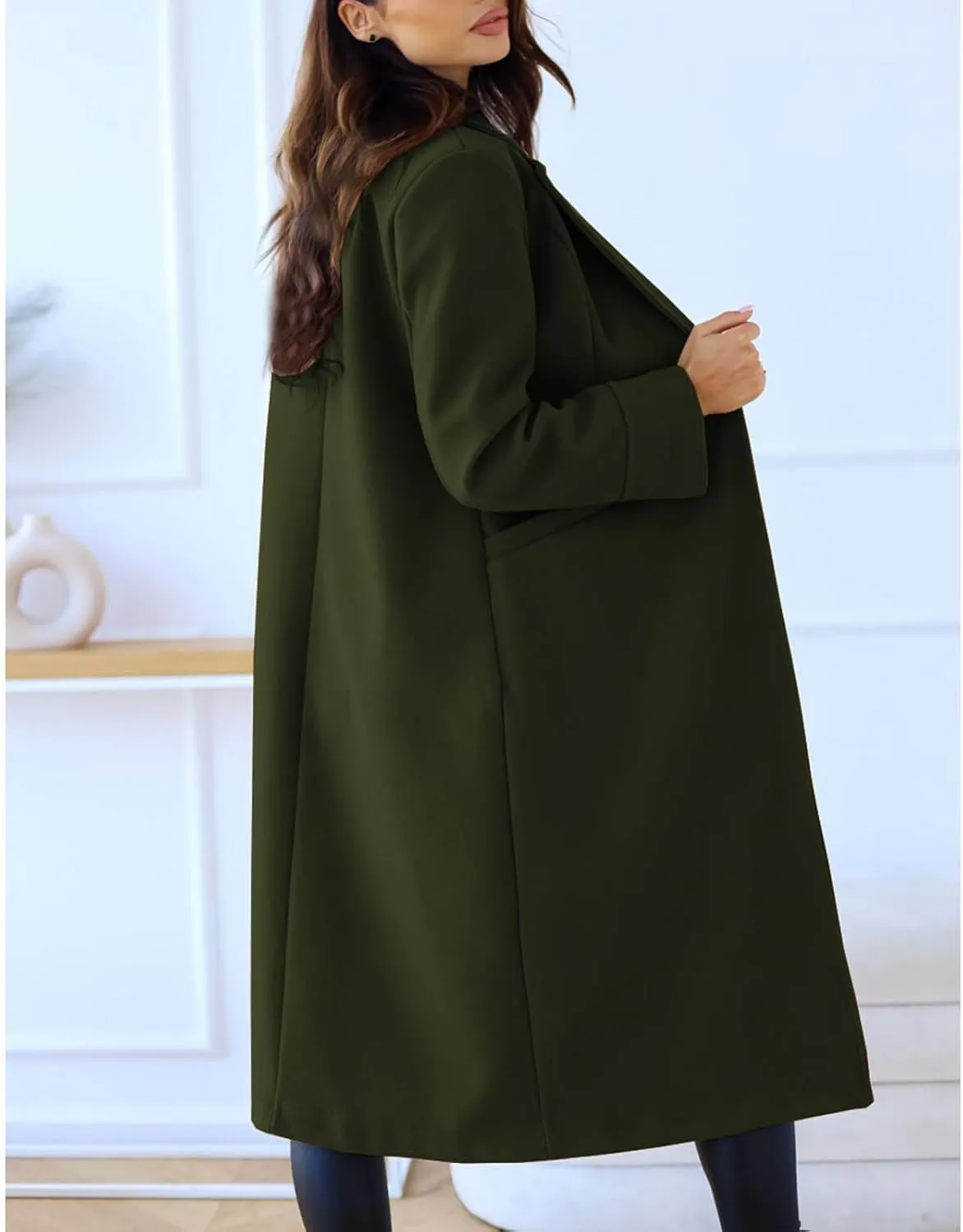 Canbebig 2023 Women Winter Wool Blend Coat Notched Collar Mid Long Pea Trench Coat Dress Coats Business Overcoat with Pockets
