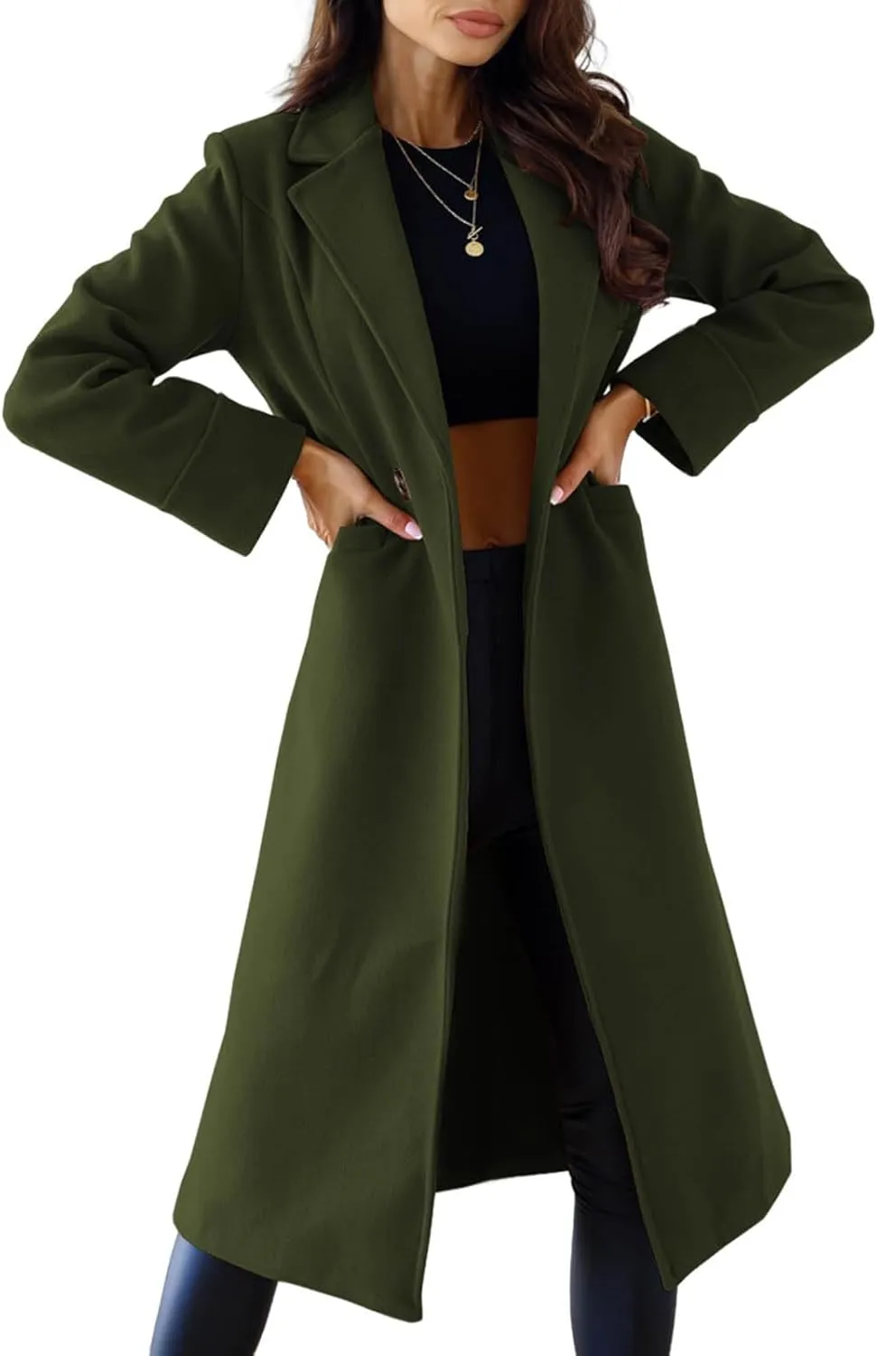 Canbebig 2023 Women Winter Wool Blend Coat Notched Collar Mid Long Pea Trench Coat Dress Coats Business Overcoat with Pockets