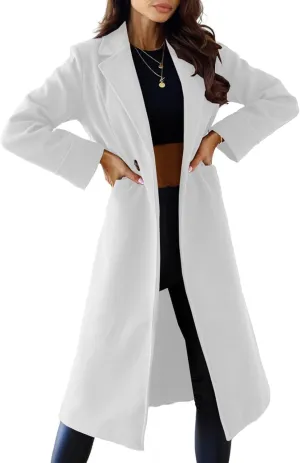 Canbebig 2023 Women Winter Wool Blend Coat Notched Collar Mid Long Pea Trench Coat Dress Coats Business Overcoat with Pockets