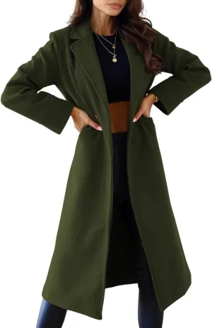 Canbebig 2023 Women Winter Wool Blend Coat Notched Collar Mid Long Pea Trench Coat Dress Coats Business Overcoat with Pockets