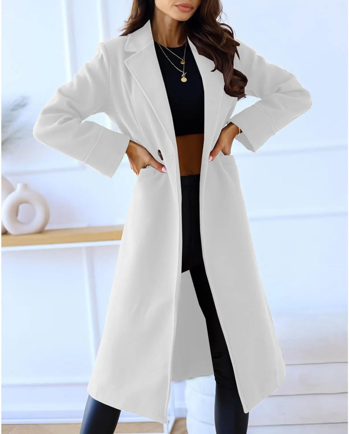 Canbebig 2023 Women Winter Wool Blend Coat Notched Collar Mid Long Pea Trench Coat Dress Coats Business Overcoat with Pockets
