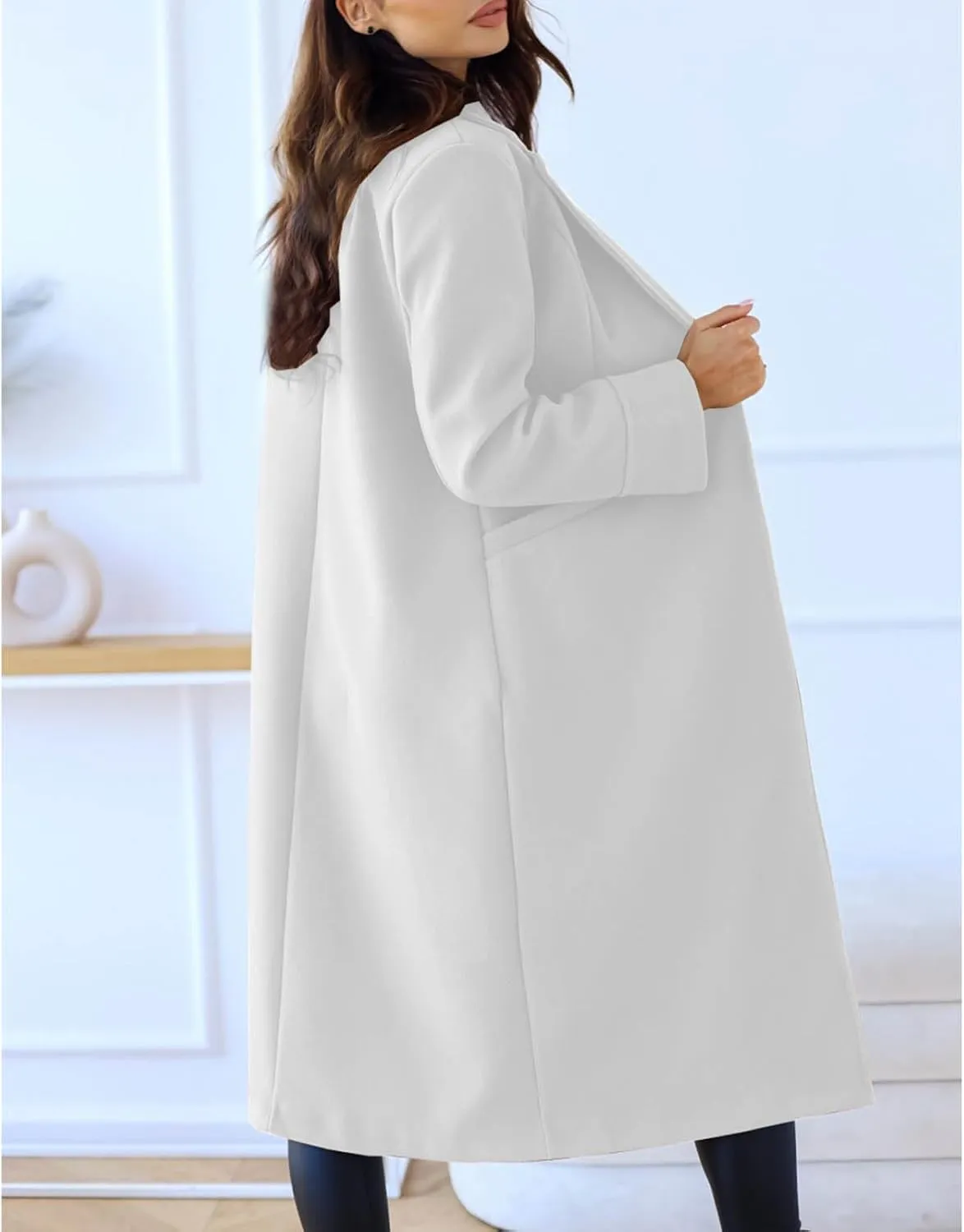 Canbebig 2023 Women Winter Wool Blend Coat Notched Collar Mid Long Pea Trench Coat Dress Coats Business Overcoat with Pockets