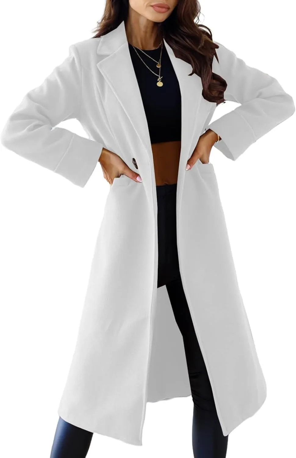 Canbebig 2023 Women Winter Wool Blend Coat Notched Collar Mid Long Pea Trench Coat Dress Coats Business Overcoat with Pockets