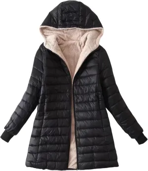 Canbebig Winter Coats for Women Sherpa Lined Hooded Jackets Zip Up Long Sleeve Puffer Jackets Fleece Down Coats with Pockets