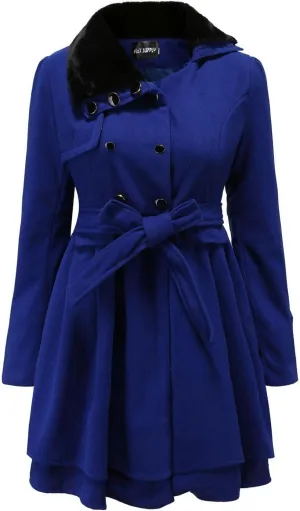 Canbebig Women's Double-Breasted Wool Blend Trench Coat Faux Fur Lapel Button Down Thick Pea Coat Winter Jacket with Belt