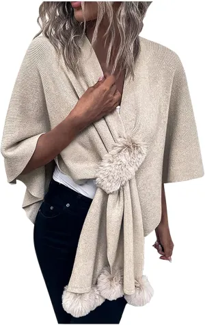 Cardigan for Women Winter Cloak Shawl Wraps Faux Fur Pompoms Irregular Hem Cape Warm Open Front Knit Sweater Shawls