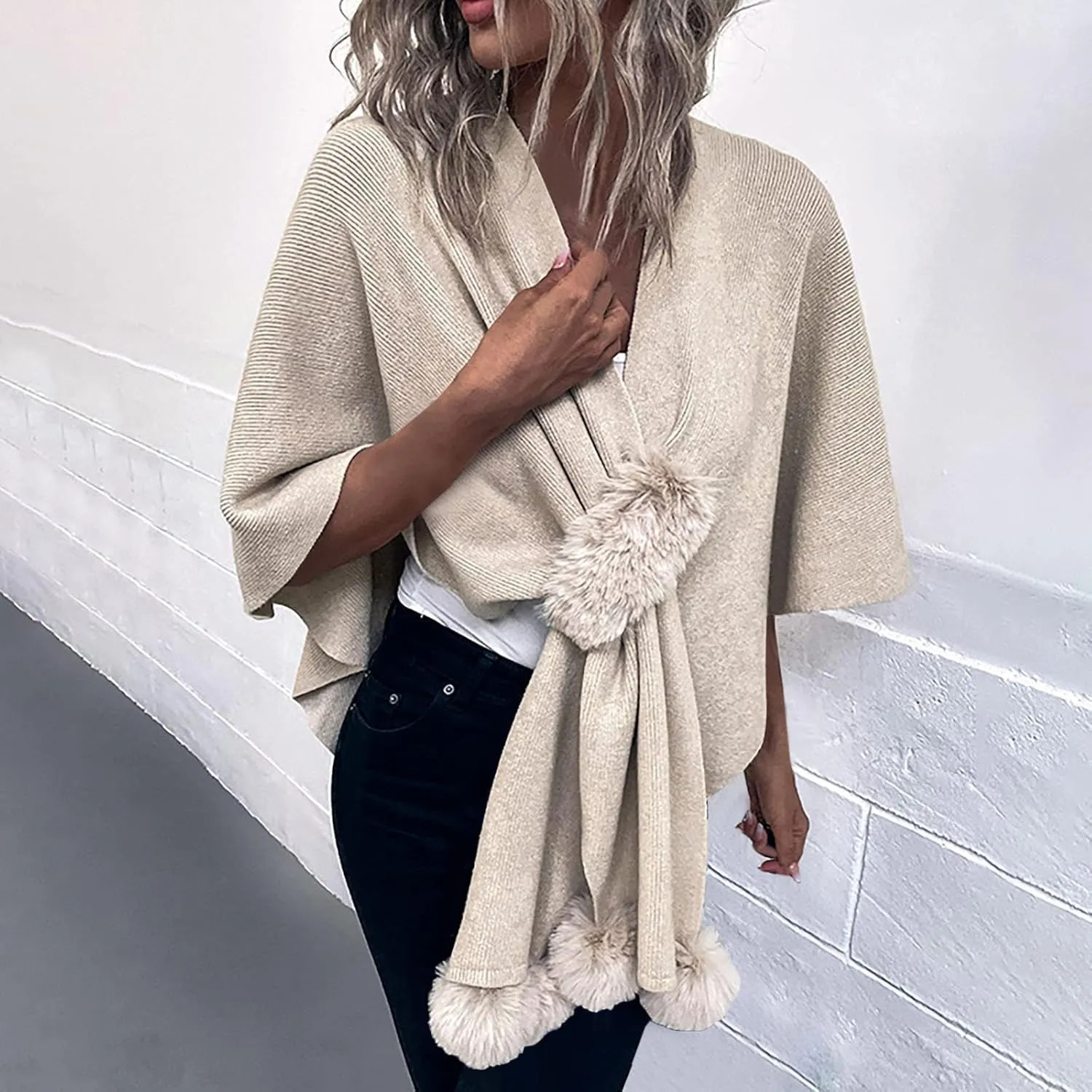 Cardigan for Women Winter Cloak Shawl Wraps Faux Fur Pompoms Irregular Hem Cape Warm Open Front Knit Sweater Shawls