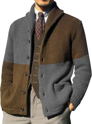 Cardigan Mens Sweater,Mens Color Block Cardigan Sweaters Shawl Collar Knitted Long Sleeves Button Down Sweater with Pockets