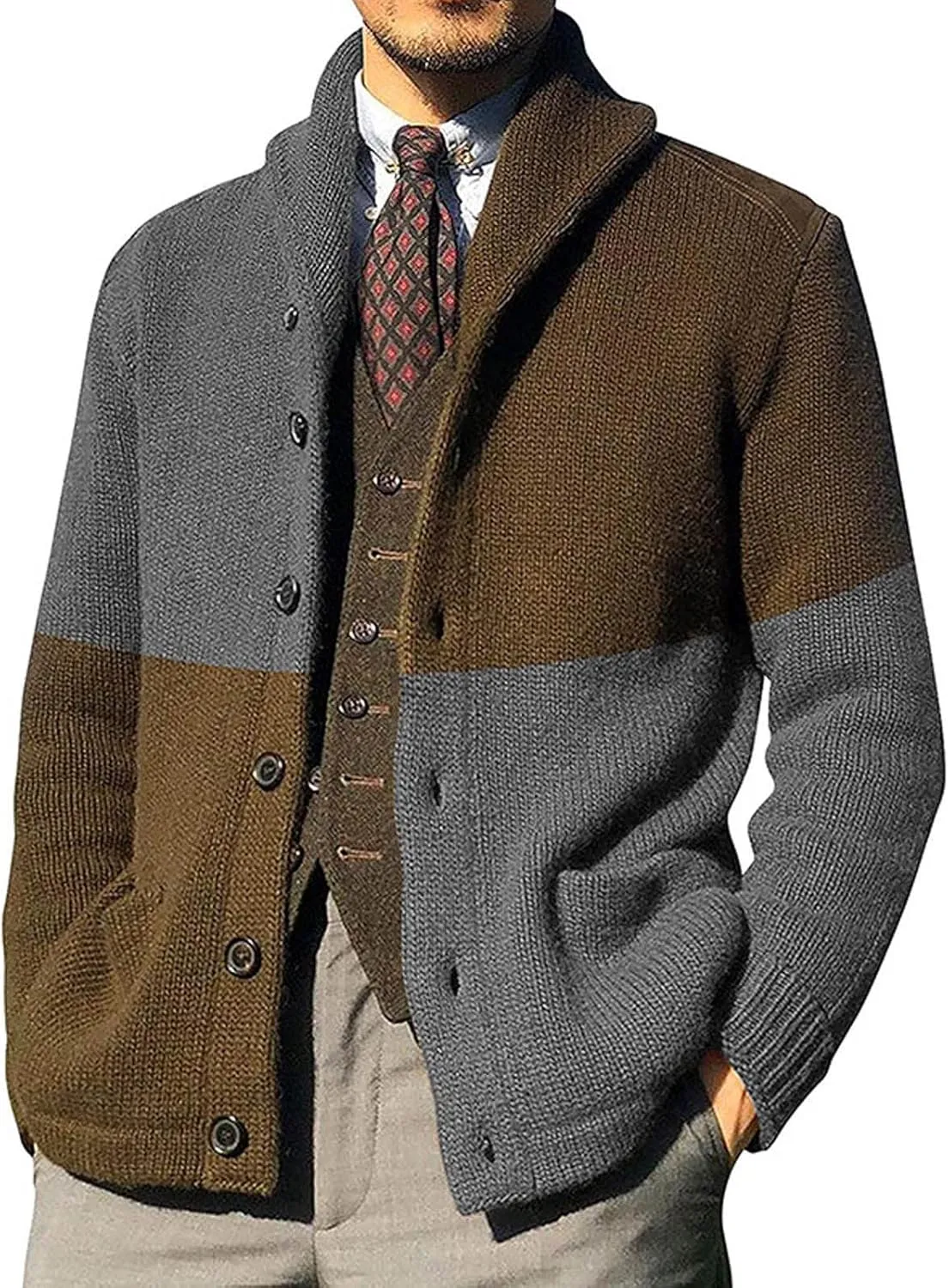 Cardigan Mens Sweater,Mens Color Block Cardigan Sweaters Shawl Collar Knitted Long Sleeves Button Down Sweater with Pockets
