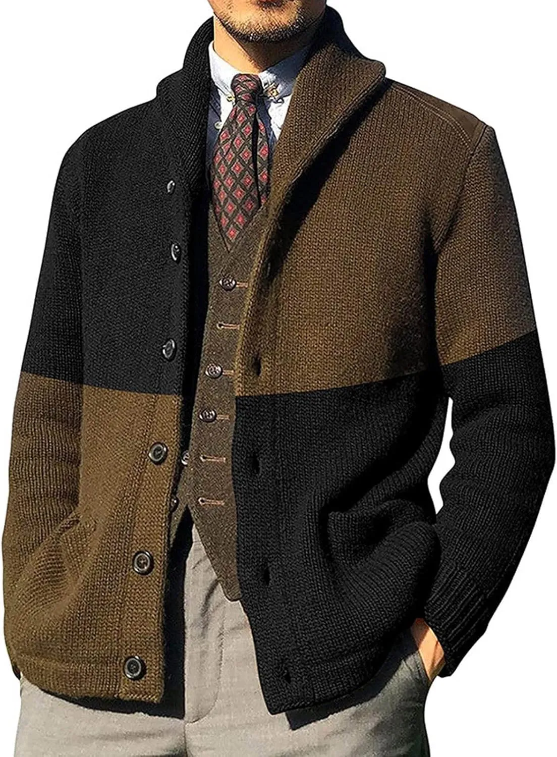 Cardigan Mens Sweater,Mens Color Block Cardigan Sweaters Shawl Collar Knitted Long Sleeves Button Down Sweater with Pockets