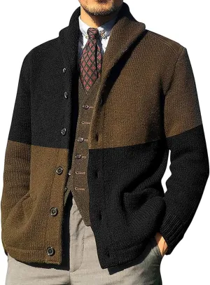 Cardigan Mens Sweater,Mens Color Block Cardigan Sweaters Shawl Collar Knitted Long Sleeves Button Down Sweater with Pockets