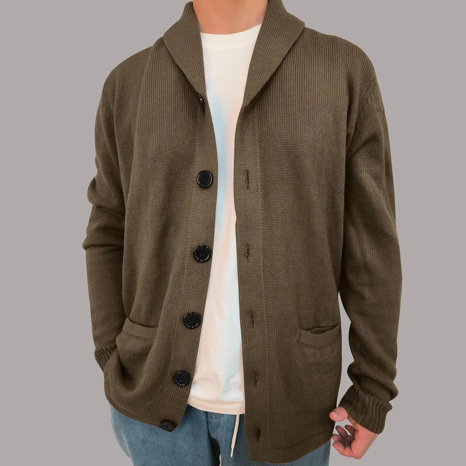Cardigan Sweater for Men Shawl Collar Knit Cardigan Big and Tall Cardigan Sweater Button Down Knit Sweater with Pocket