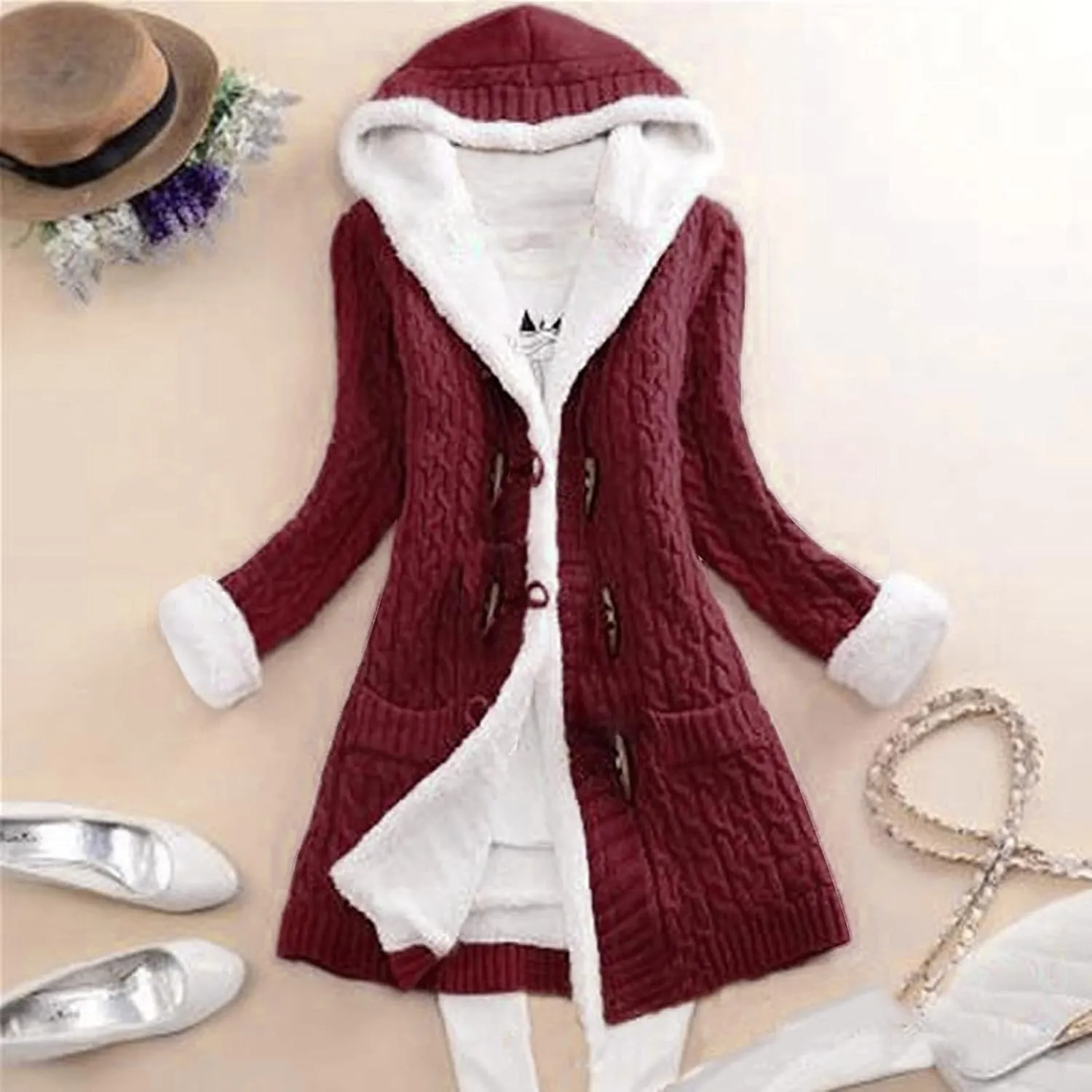 Cardigan Sweaters for Women Hooded Fleece Lined Button Down Front Jackets Winter Coat with Pockets