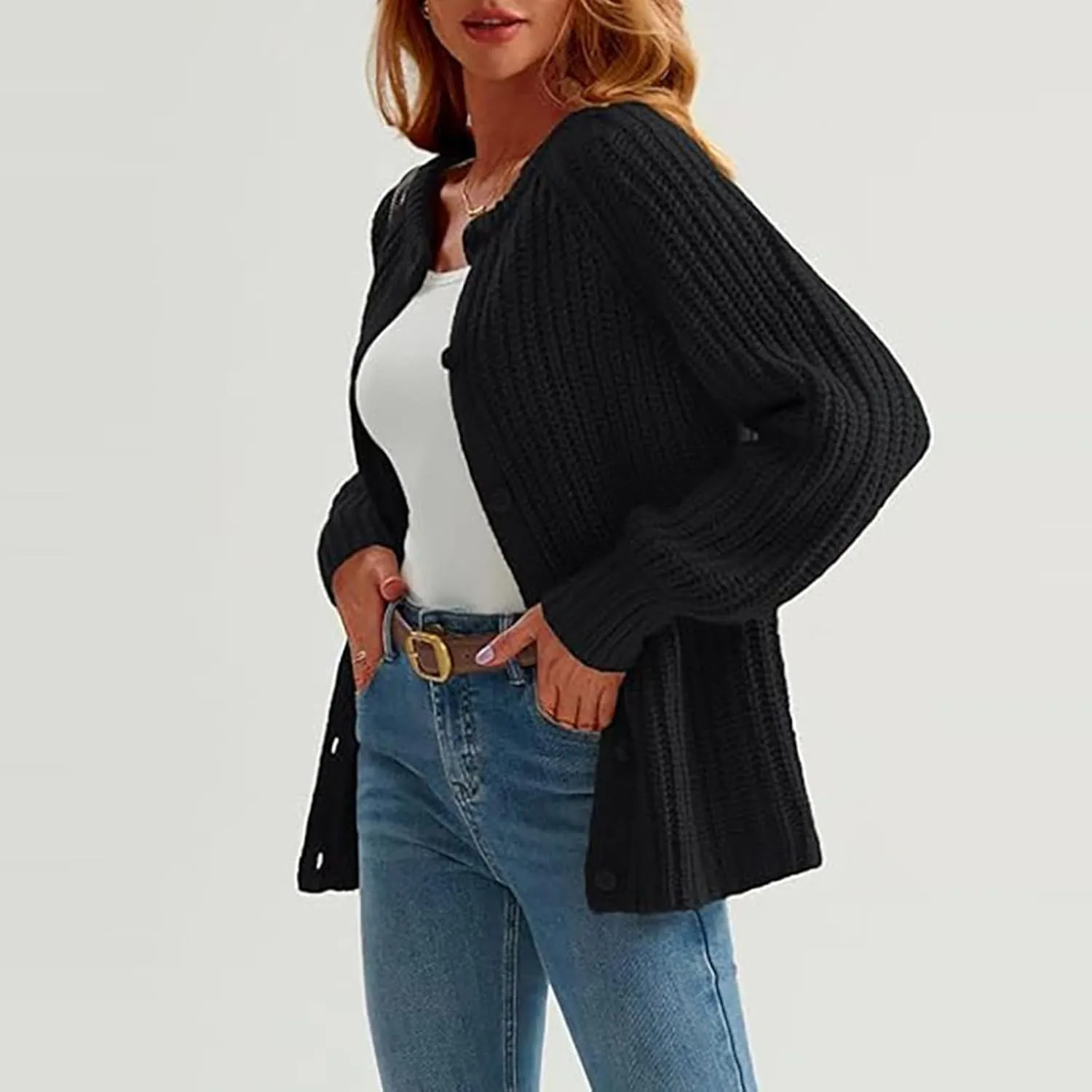 Cardigan Sweaters for Women Long Sleeve Button Chunky Knit Sweater Fall Crew Neck Loose Fit Open Front Cardigan