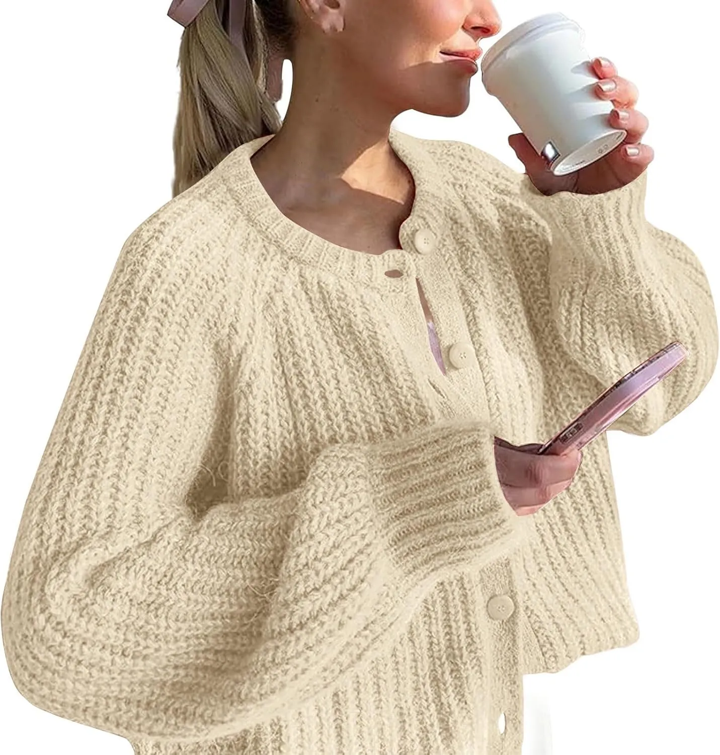 Cardigan Sweaters for Women Long Sleeve Button Chunky Knit Sweater Fall Crew Neck Loose Fit Open Front Cardigan