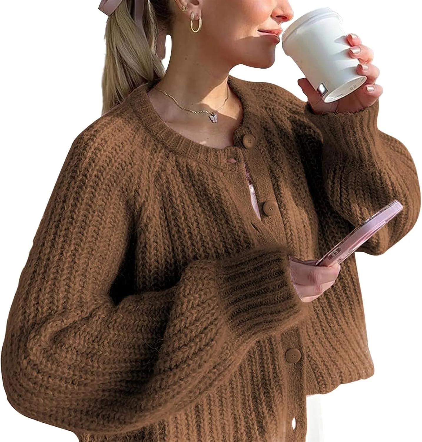 Cardigan Sweaters for Women Long Sleeve Button Chunky Knit Sweater Fall Crew Neck Loose Fit Open Front Cardigan