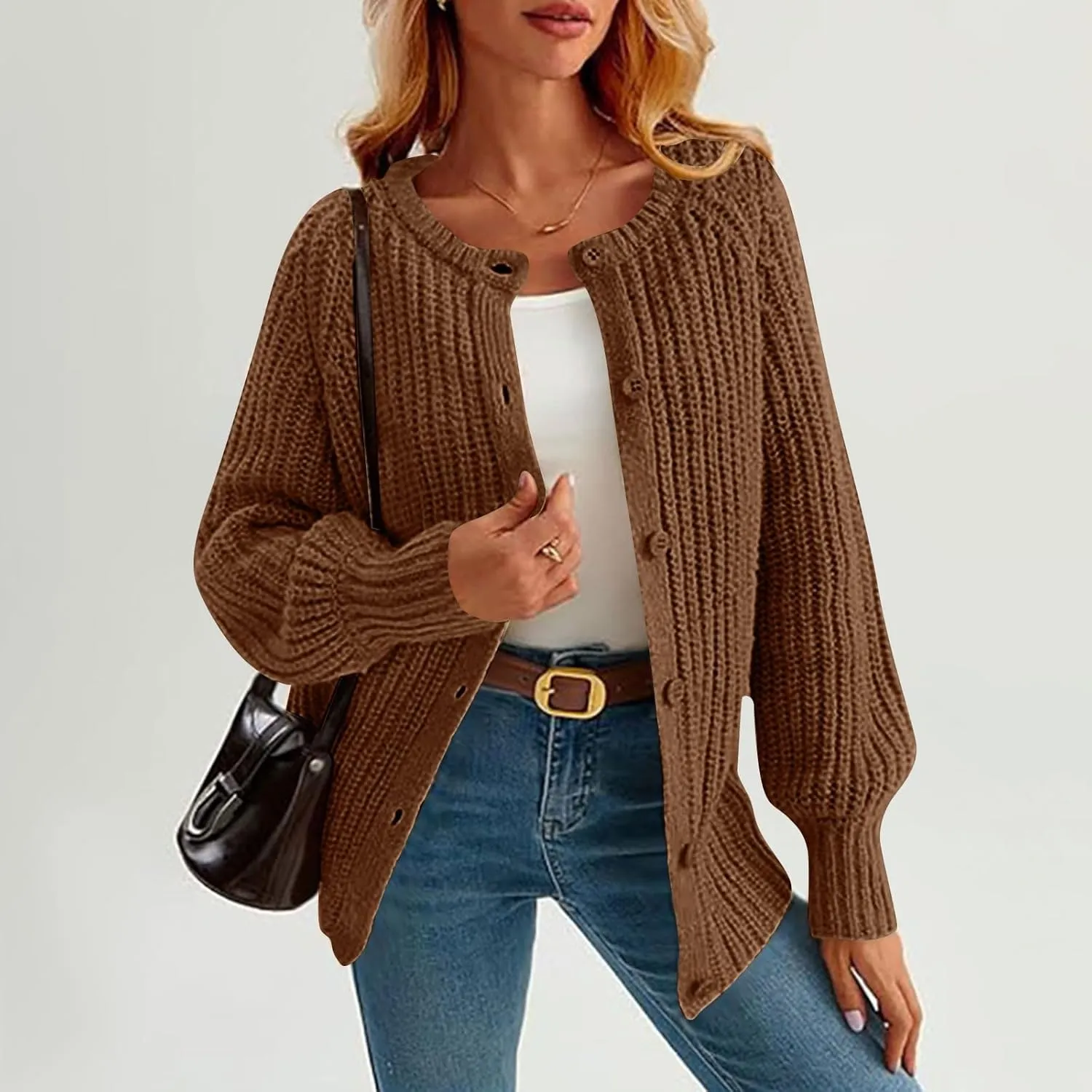 Cardigan Sweaters for Women Long Sleeve Button Chunky Knit Sweater Fall Crew Neck Loose Fit Open Front Cardigan
