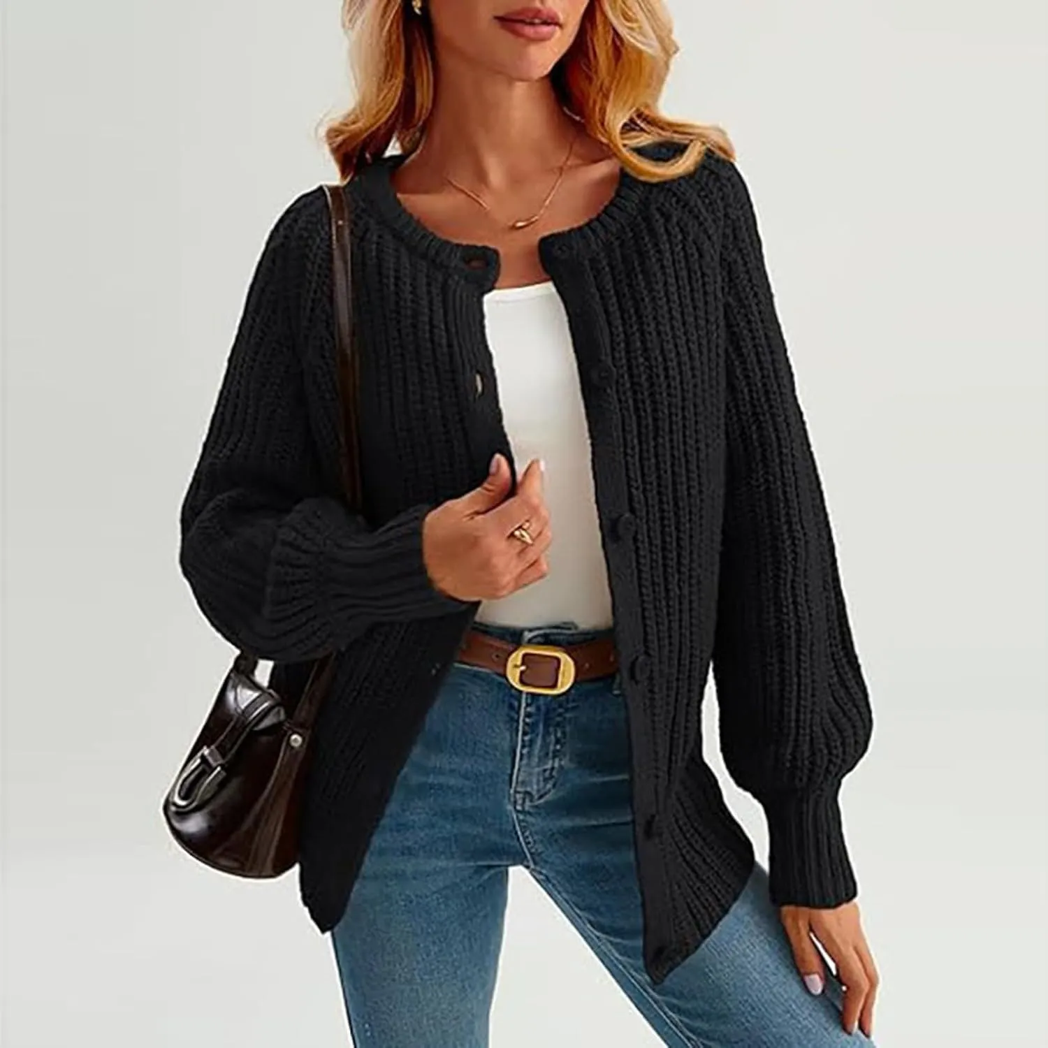 Cardigan Sweaters for Women Long Sleeve Button Chunky Knit Sweater Fall Crew Neck Loose Fit Open Front Cardigan